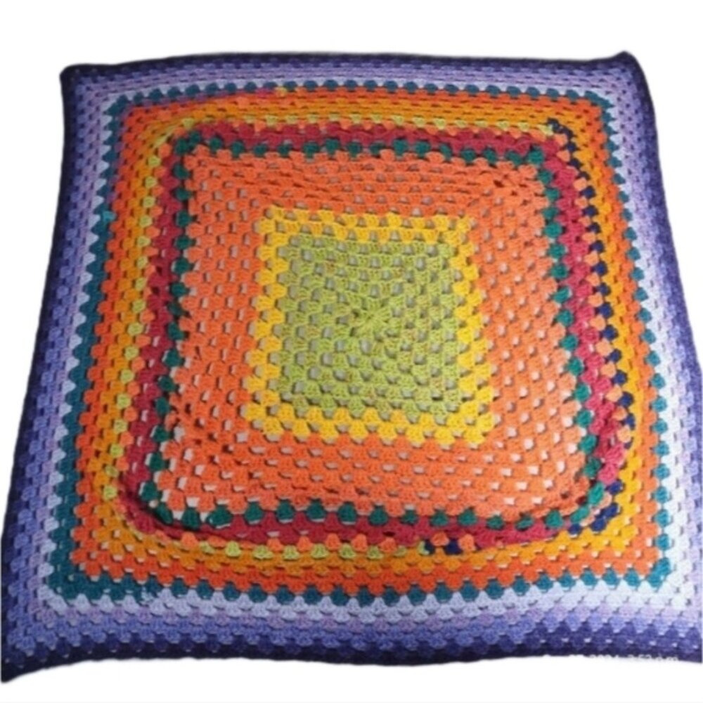Handmade Crochet rainbow blanket art‎ square vibrant colors Tapestry
